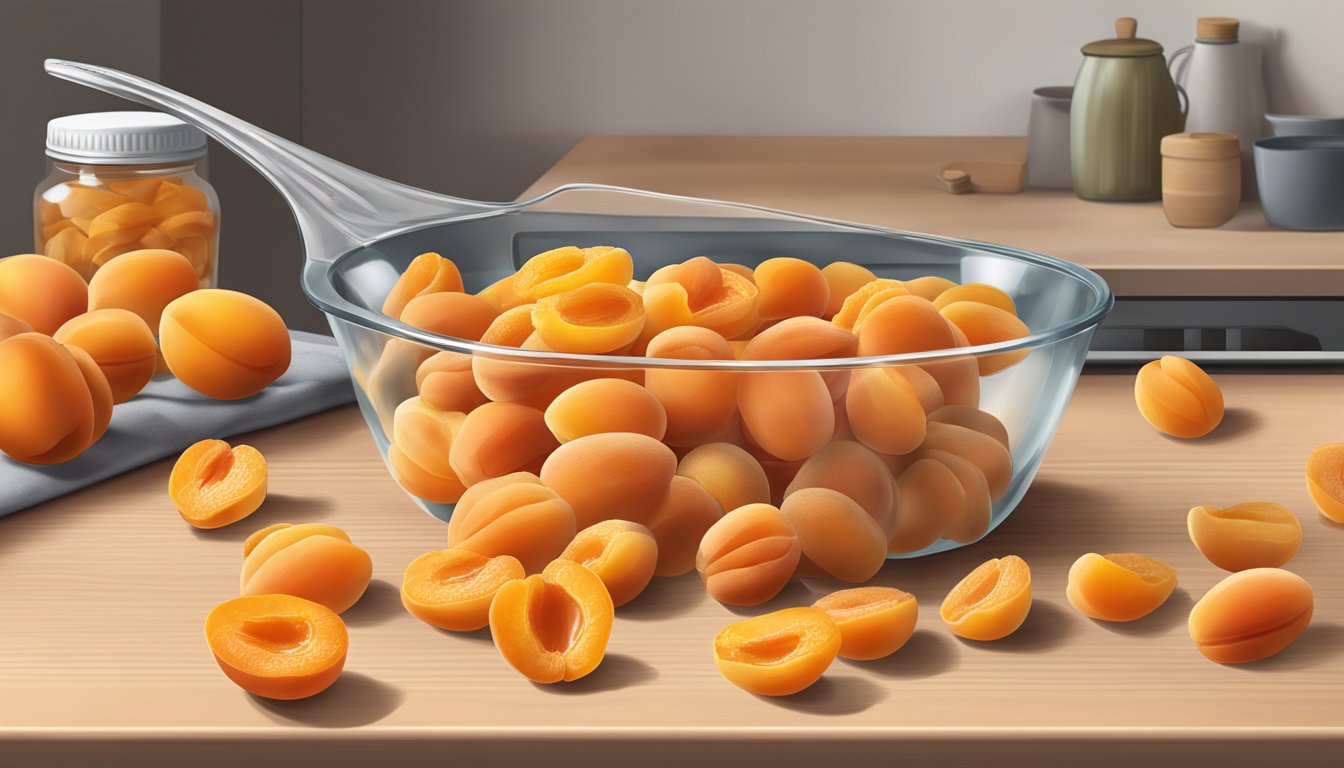 A pound of dried apricots spills from a measuring cup onto a kitchen counter