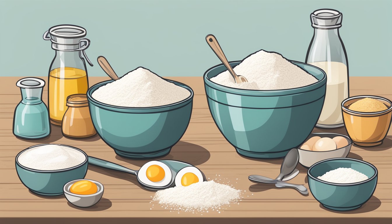 A table with bowls of flour, sugar, and eggs, along with measuring cups and spoons, and a mixing bowl ready for the ingredients