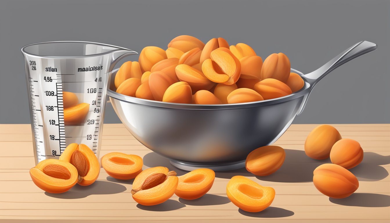 A pound of dried apricots spilling out of a measuring cup, with a conversion table in the background