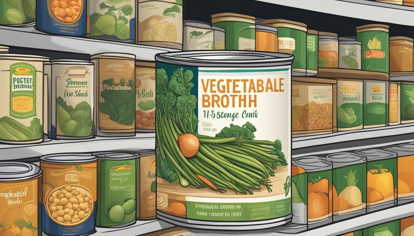 A 16-ounce can of vegetable broth sits on a shelf, surrounded by other canned foods. The label is facing forward, and the can is unopened