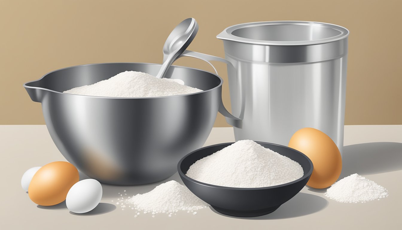 A set of measuring cups and spoons arranged neatly on a kitchen counter next to a bowl of flour and a carton of eggs