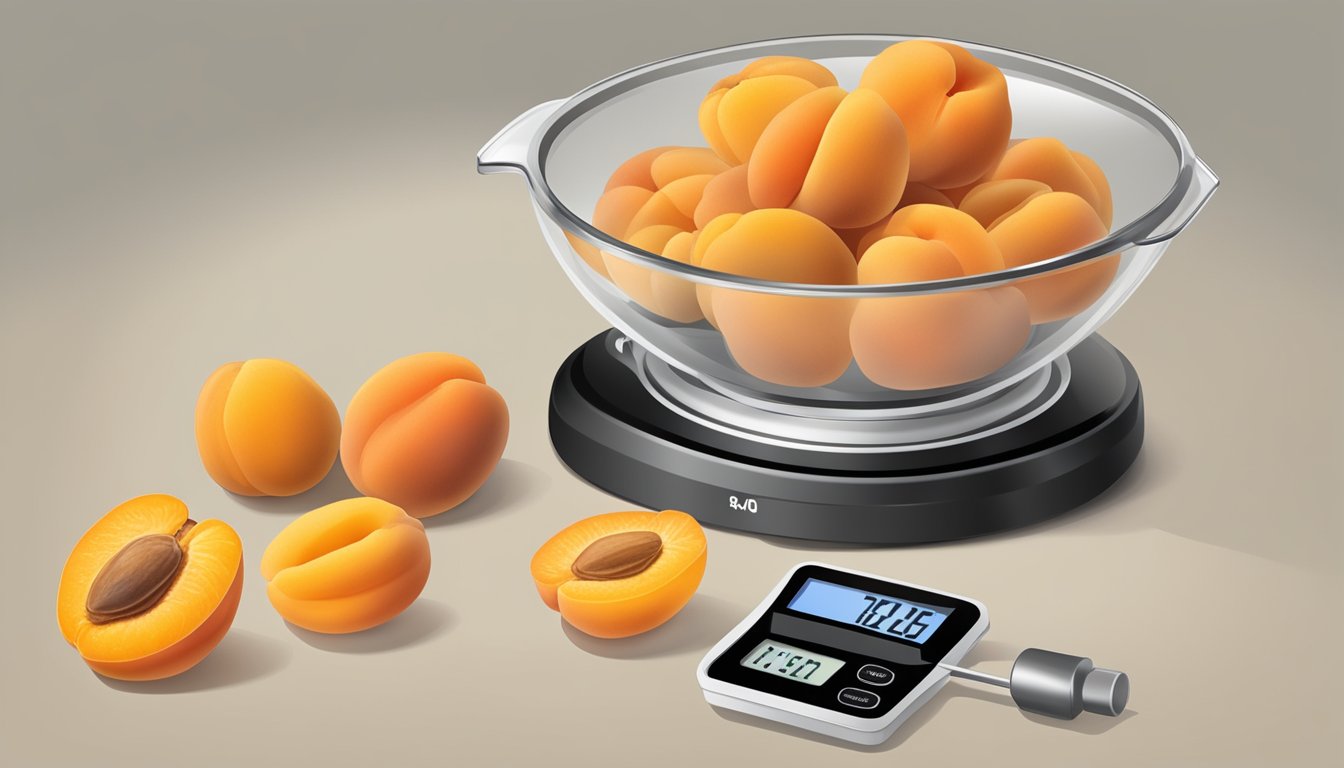 A digital scale displaying one pound of dried apricots next to a measuring cup filled with apricots