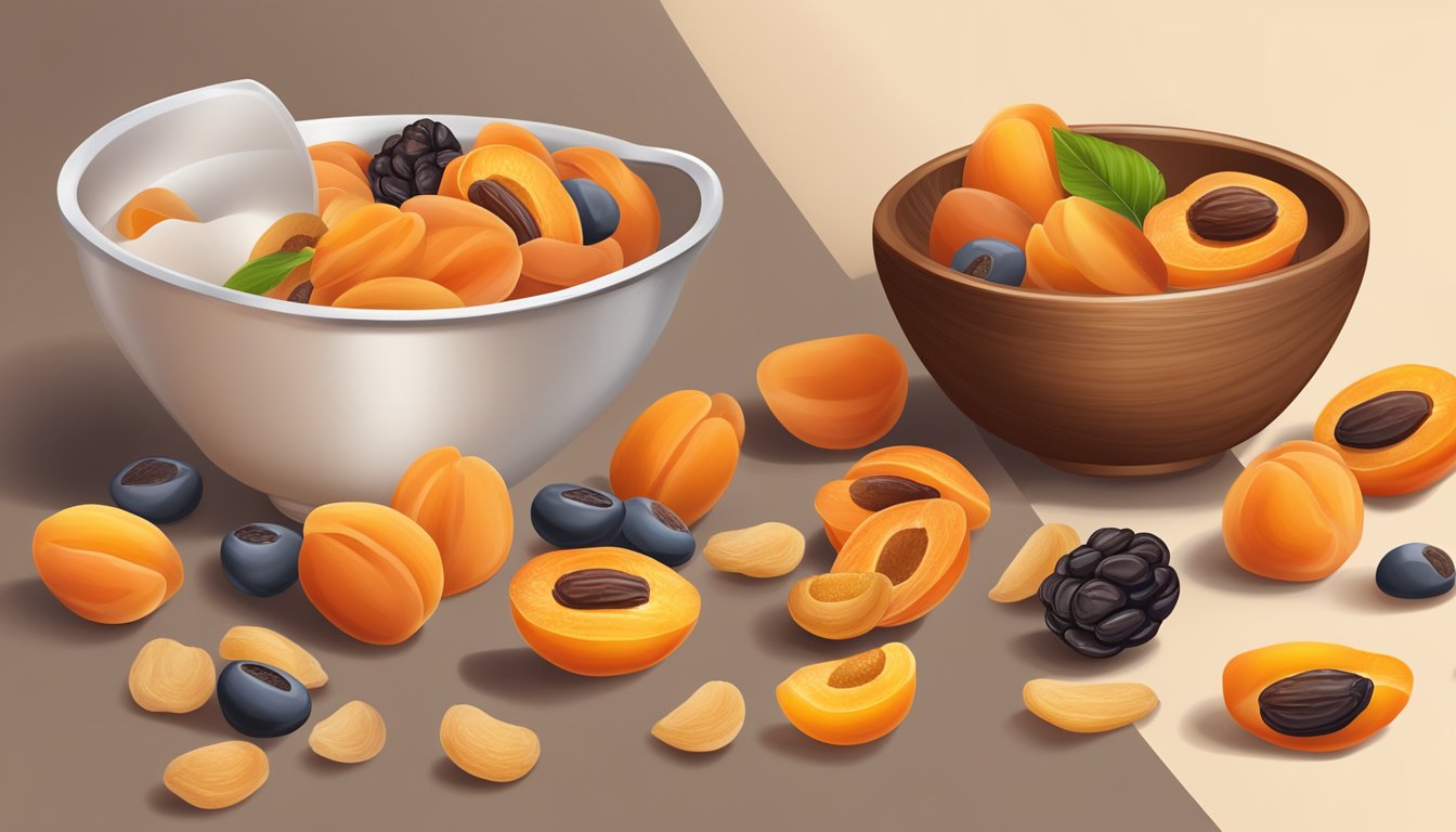 A pound of dried apricots spilling out of a measuring cup, surrounded by various other dried fruits in different quantities