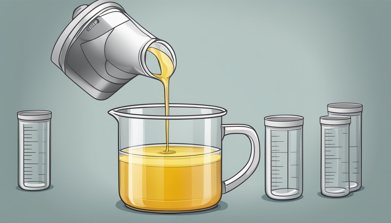 A can of vegetable broth pouring into a measuring cup, with the liquid filling the cup up to the desired number of ounces