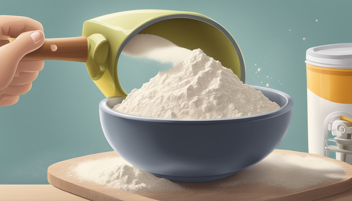 A hand pouring flour from a measuring cup into a mixing bowl, with a measuring spoon filled with baking powder nearby