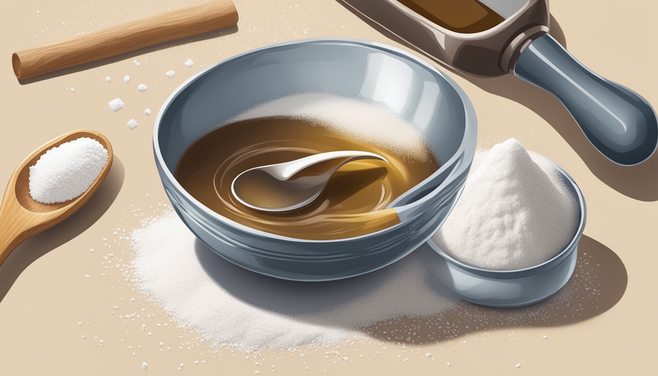 A hand pouring vanilla extract into a measuring spoon, while a bowl of flour and sugar sit nearby