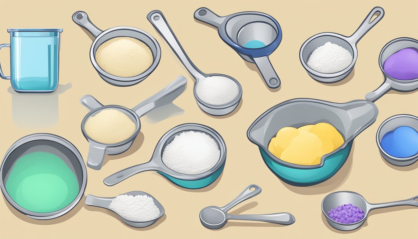 A set of measuring cups and spoons arranged next to a mixing bowl filled with flour, sugar, and other ingredients for muffin filling