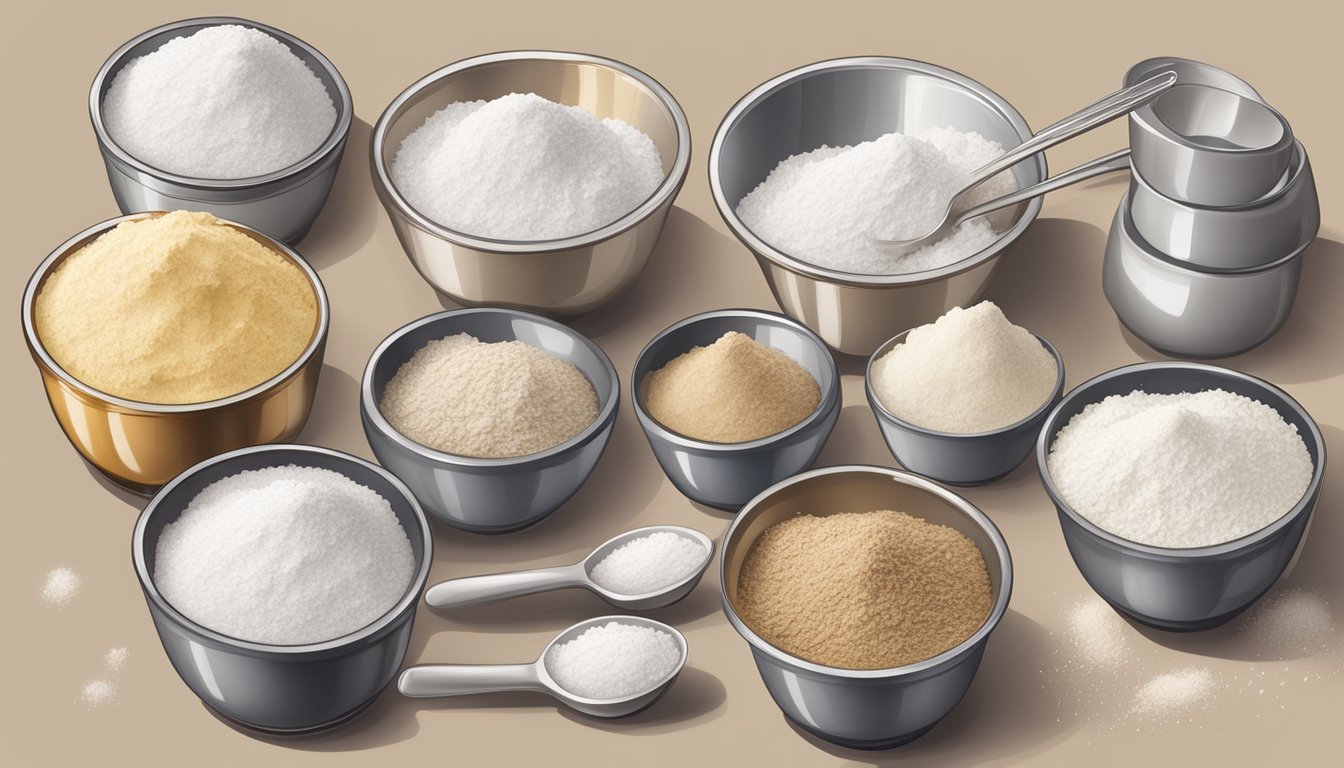 A set of measuring cups and spoons arranged next to bowls of flour, sugar, and other ingredients for muffin filling