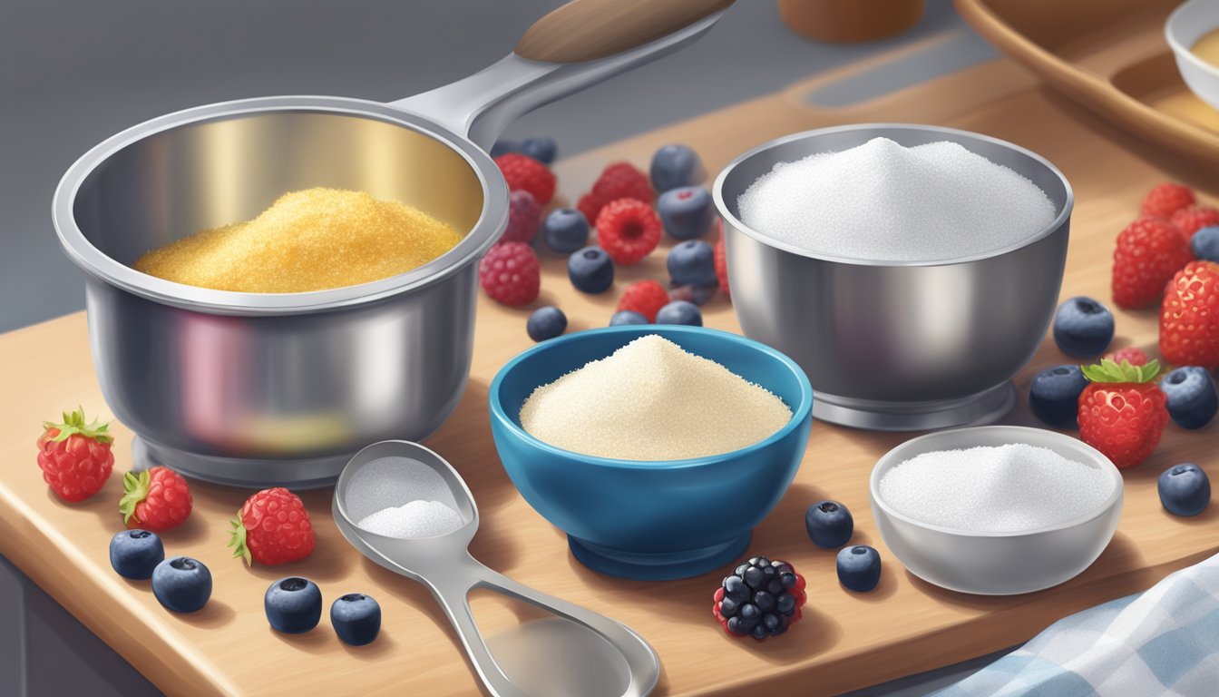 A measuring cup filled with flour, a spoon scooping sugar, and a small bowl of berries on a kitchen counter