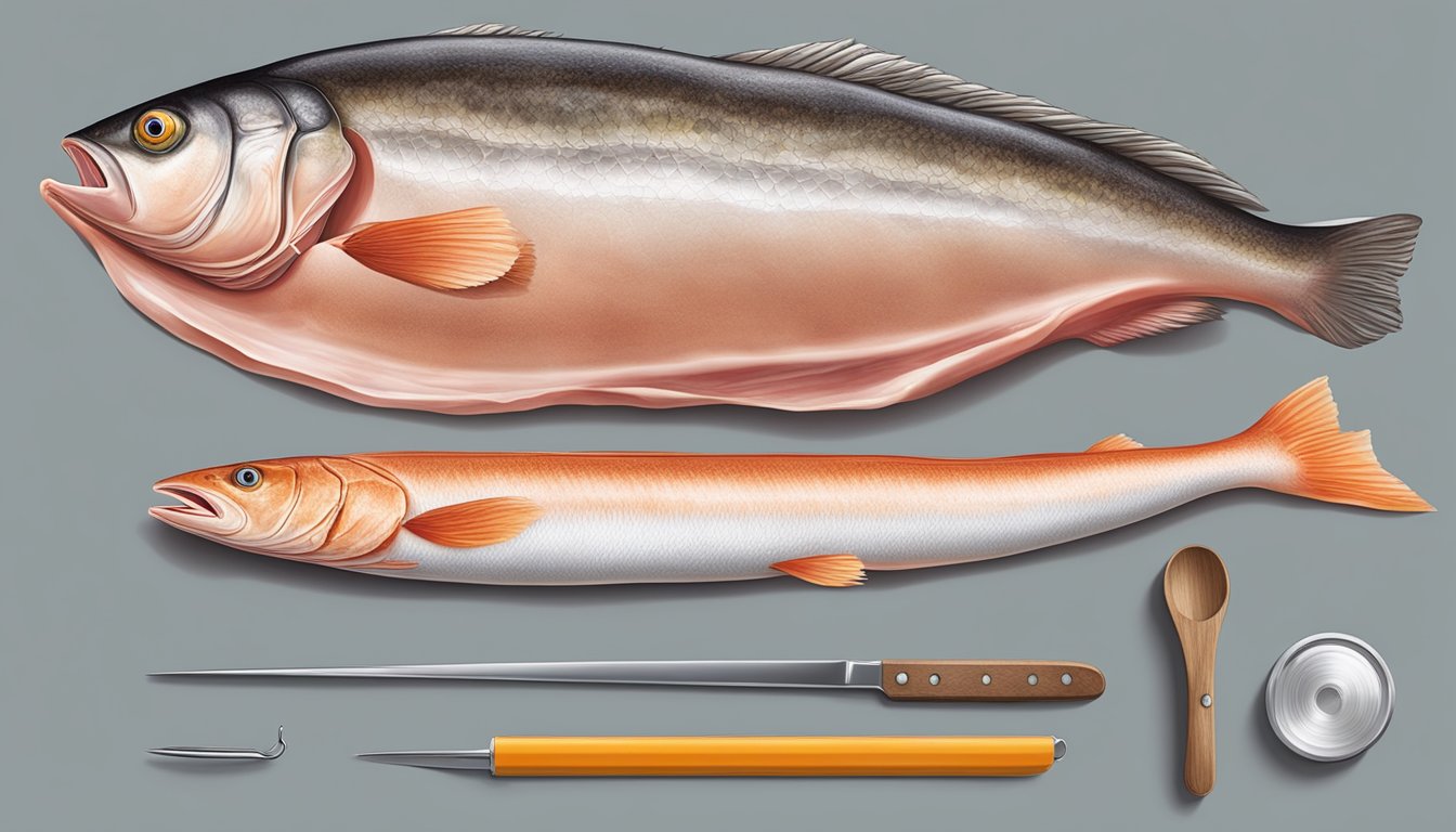 A piece of meat and fish placed next to common household items for size comparison