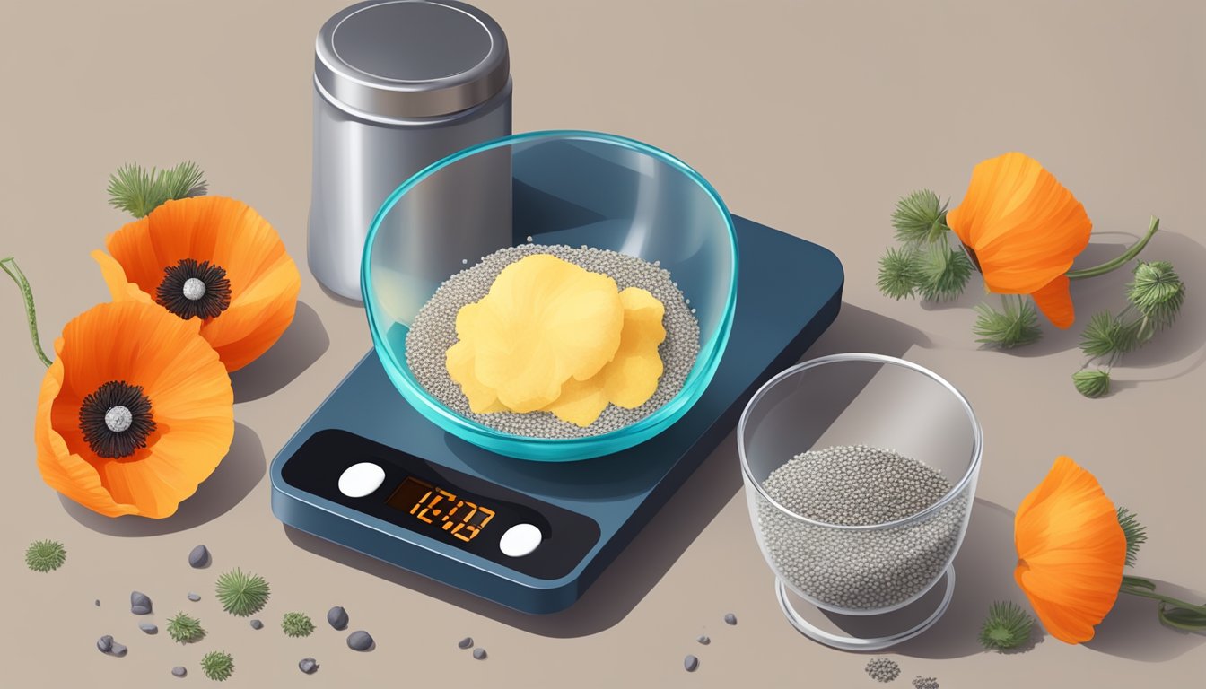 A measuring cup filled with poppy seeds next to a digital scale displaying the weight in pounds