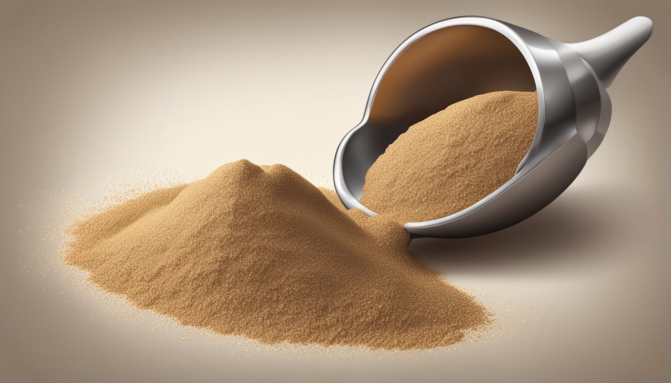 A pound of teff flour pouring into a measuring spoon, with additional tablespoons scattered around