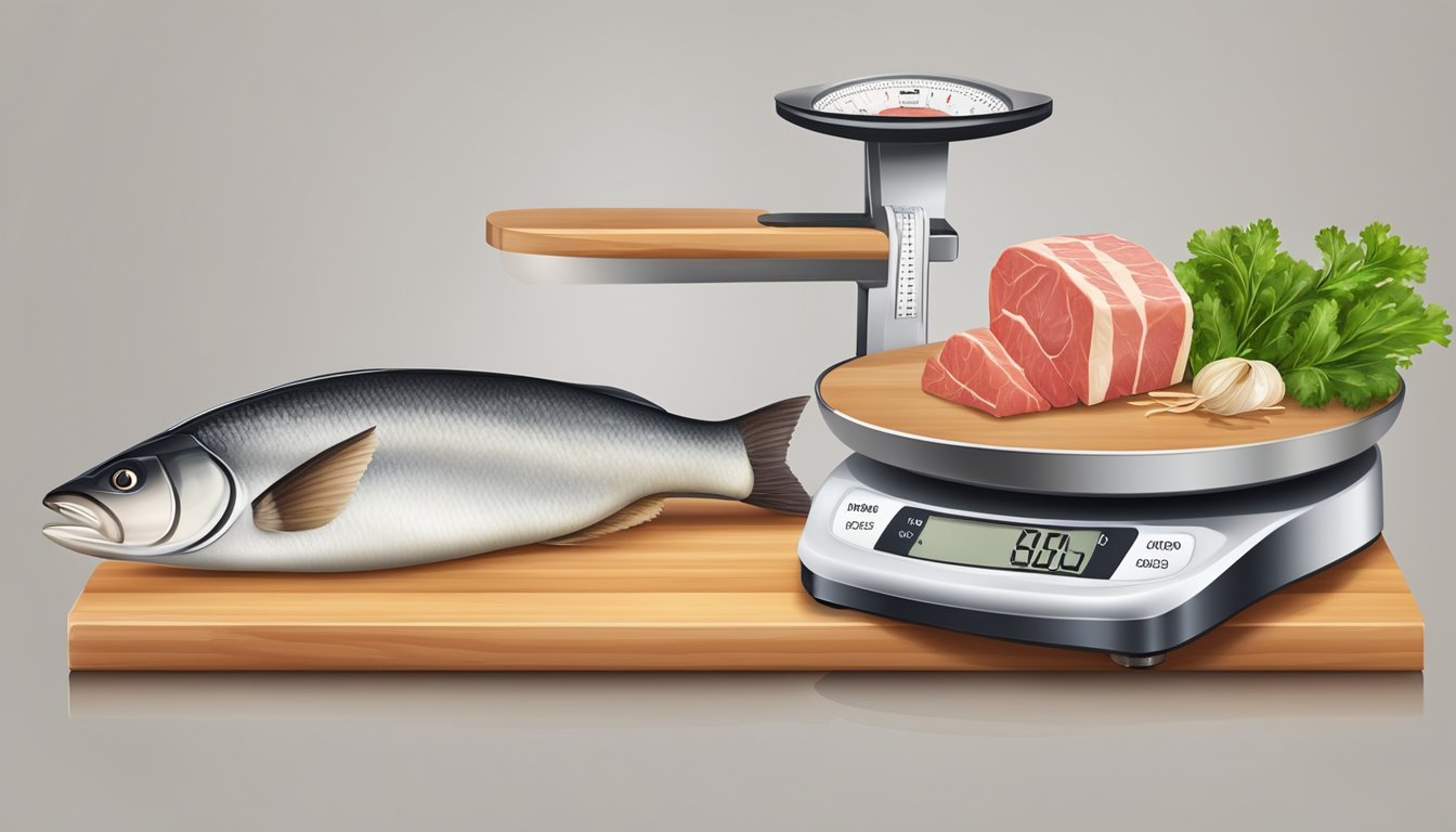 A kitchen scale measuring a portion of meat and fish on separate cutting boards