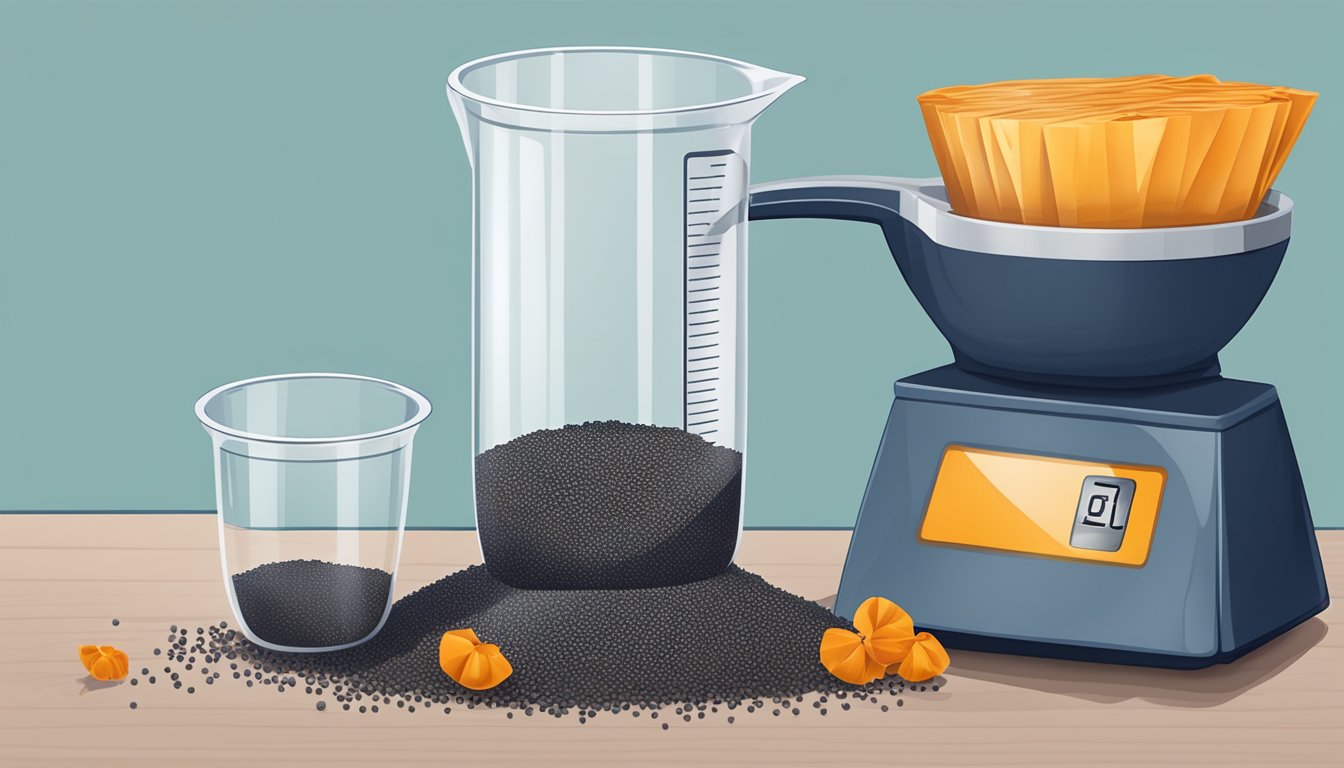 A measuring cup filled with poppy seeds, spilling out of a bag onto a scale, showing the weight in pounds