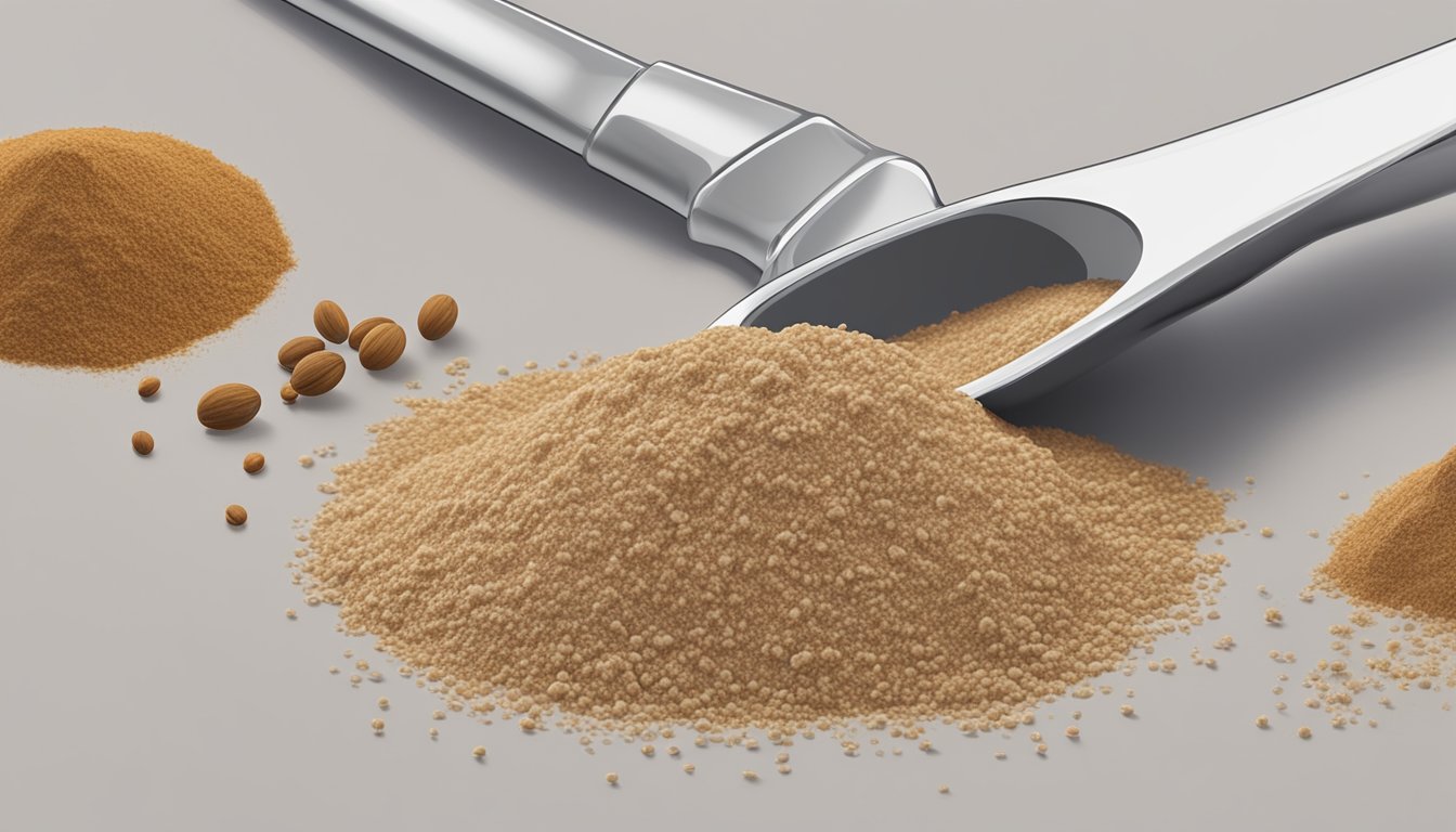 A pound of teff flour pouring into a measuring spoon, with additional tablespoons lined up beside it for comparison