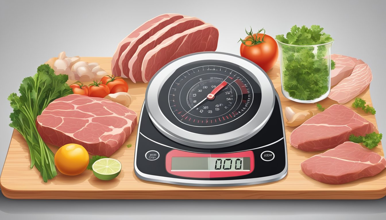 A kitchen scale measuring a portion of meat and fish on a cutting board