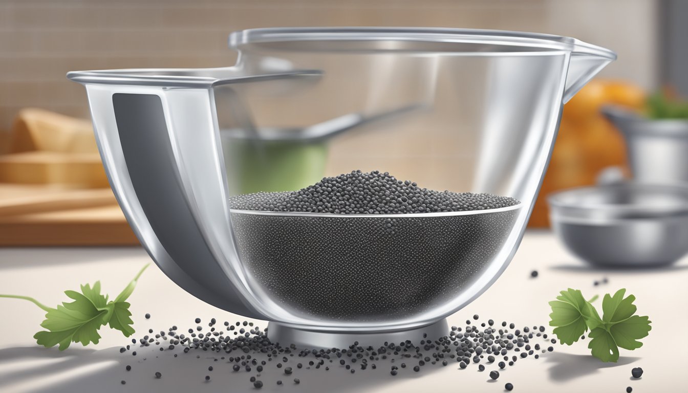 A pound of poppy seeds spilling out of a measuring cup onto a kitchen counter