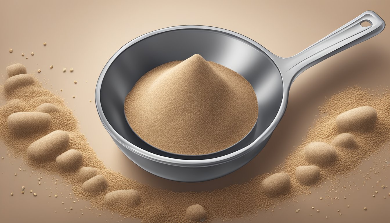 A measuring cup filled with teff flour, surrounded by scattered tablespoons