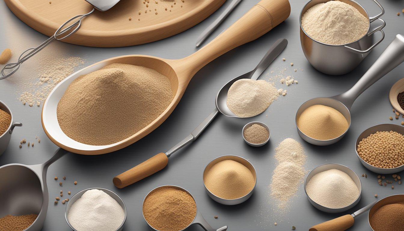 A pound of teff flour pouring into a measuring spoon, surrounded by various baking tools and ingredients on a kitchen counter