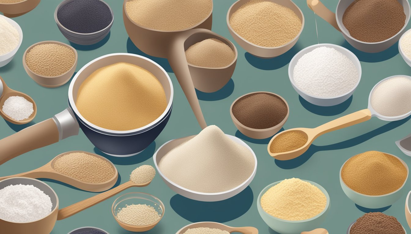 A pound of teff flour pouring into a measuring spoon, surrounded by various other types of flour in bowls