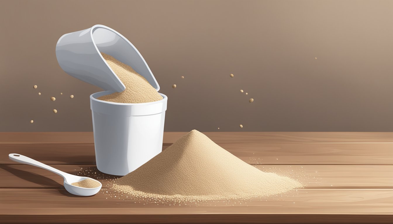 A pound of teff flour spills from a measuring cup onto a wooden shelf, surrounded by scattered tablespoons