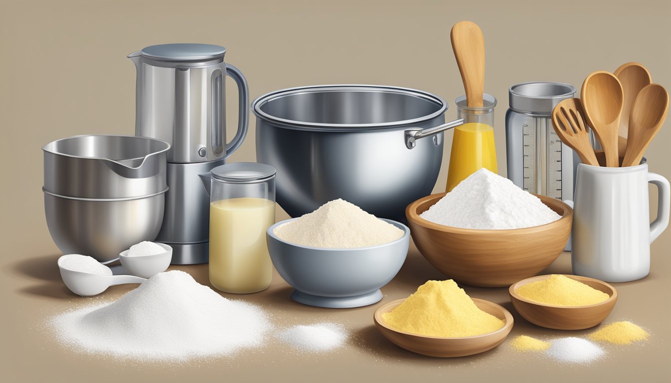 A kitchen counter with a mixing bowl filled with flour, sugar, and butter, alongside measuring cups and spoons