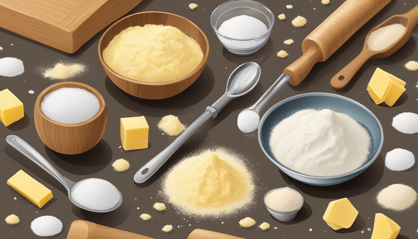 A wooden table with scattered flour, sugar, and butter next to a measuring cup and spoon. A mixing bowl sits nearby