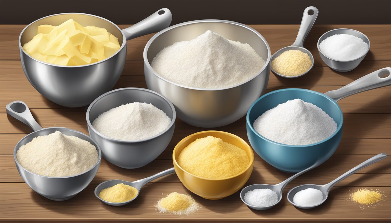 A set of measuring cups and spoons arranged next to bowls of flour, sugar, and butter on a wooden table