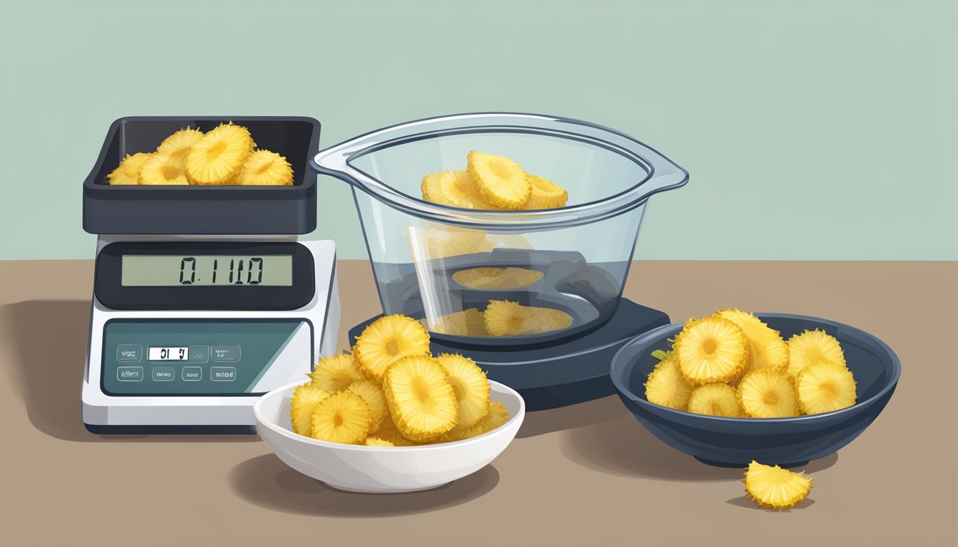 A measuring cup filled with dried pineapple next to a digital scale displaying one pound