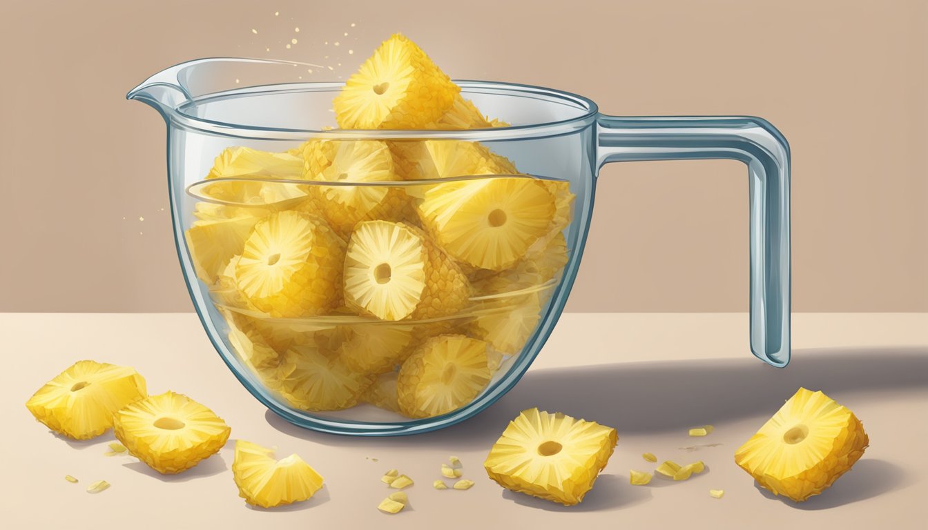 A pound of dried pineapple pouring into a measuring cup