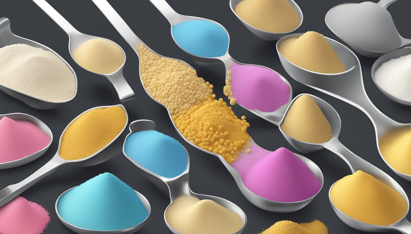 A pound of soy flour pouring into a measuring spoon, surrounded by other measuring spoons of varying sizes