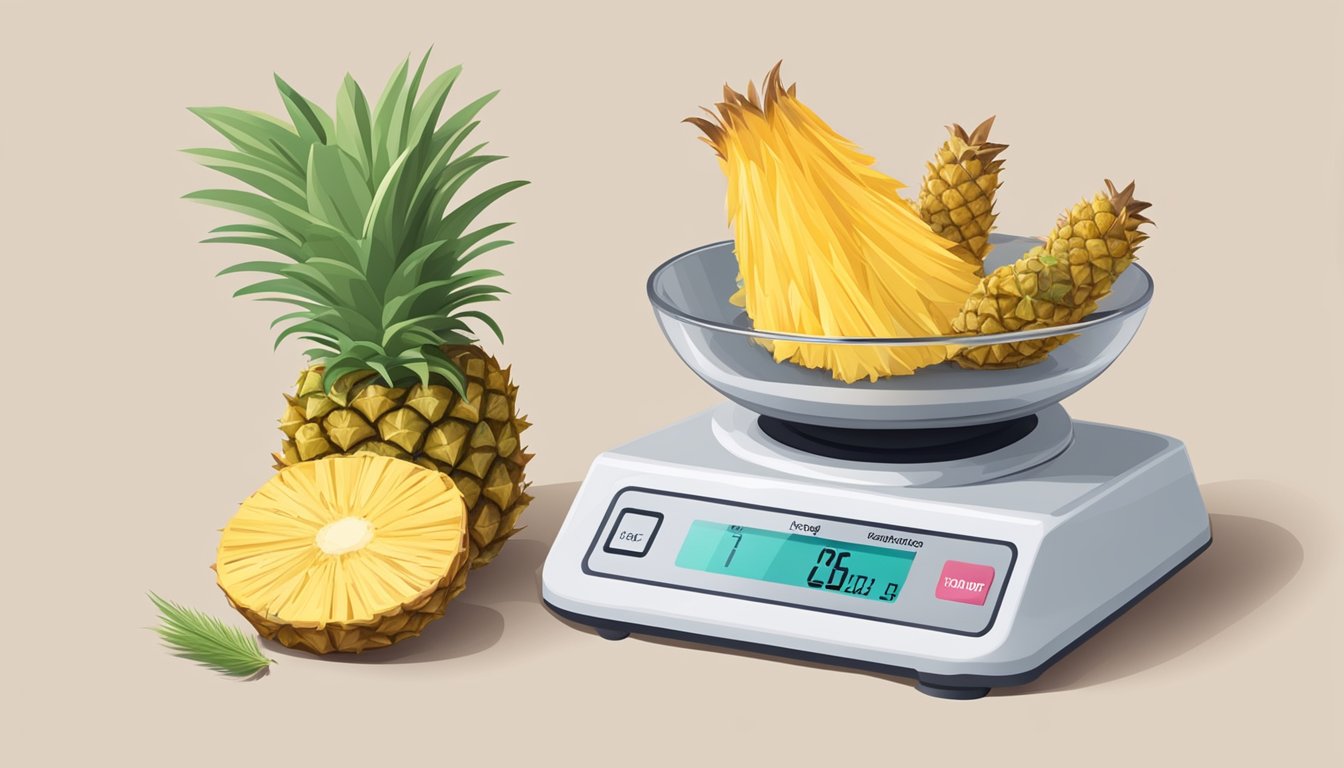 A scale with a measuring cup filled with dried pineapple next to a pound weight