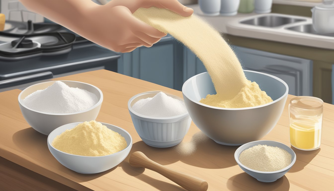 A hand reaching for a measuring cup of flour, while a bowl of sugar and a stick of butter sit on a kitchen counter