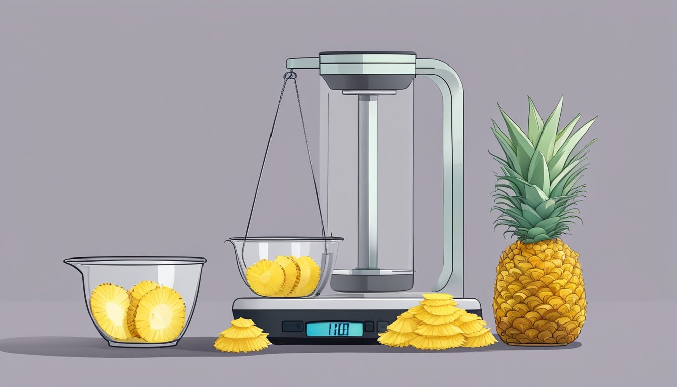 A scale with a pound of dried pineapple next to a measuring cup filled with the corresponding amount of cups