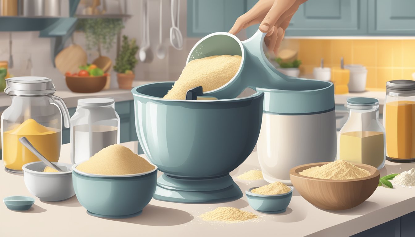 A hand pouring flour into a mixing bowl, with a measuring cup and other ingredients nearby on a kitchen counter