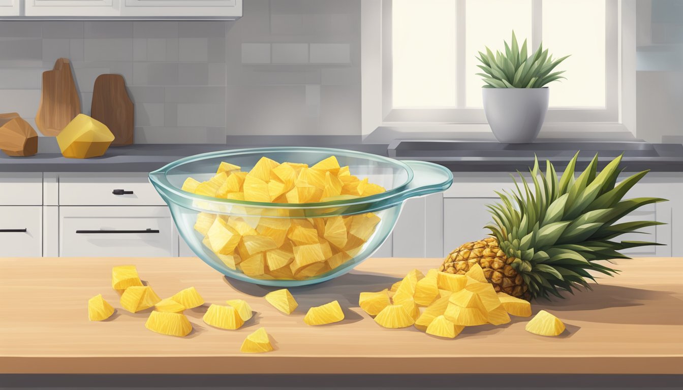 A pound of dried pineapple spilling out of a measuring cup onto a kitchen counter