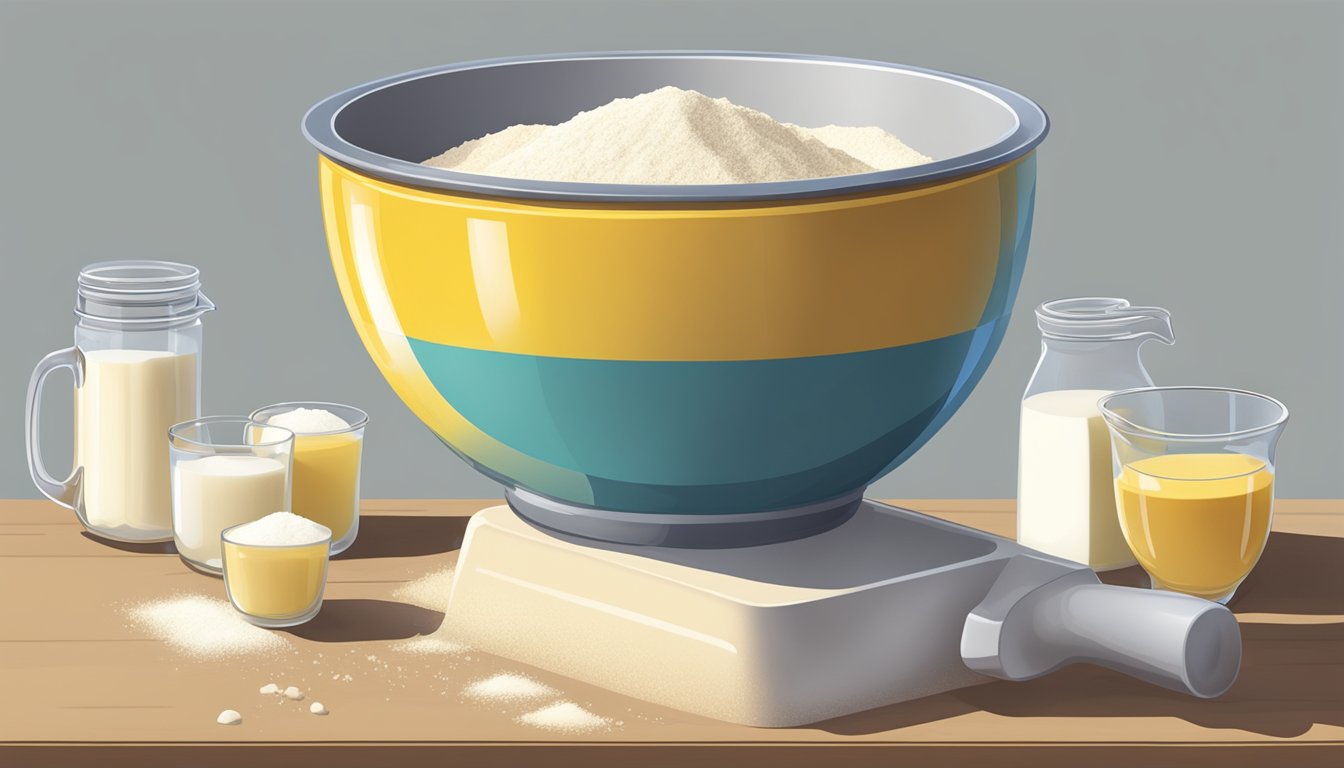 A mixing bowl filled with flour, sugar, and butter, with a measuring cup pouring milk into the mixture