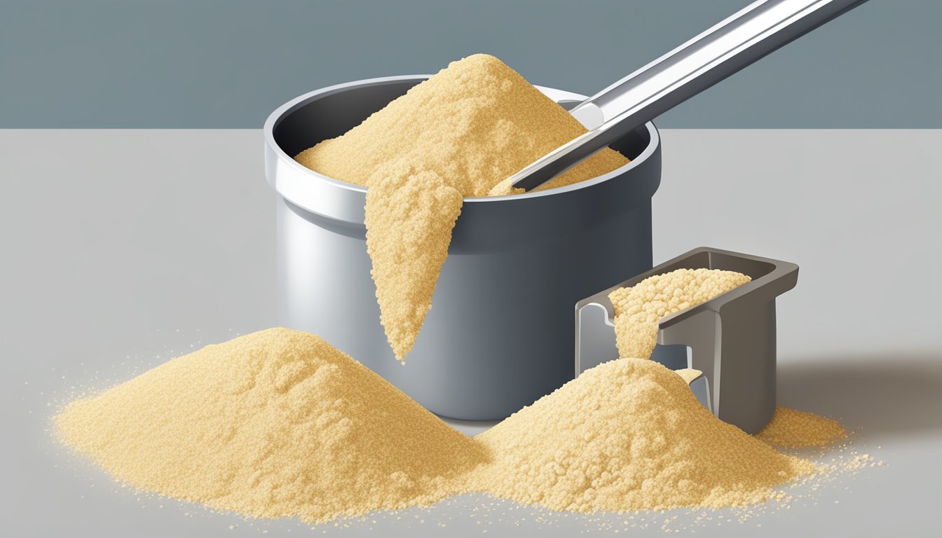 A pound of soy flour pouring into a measuring spoon, with additional tablespoons stacked nearby