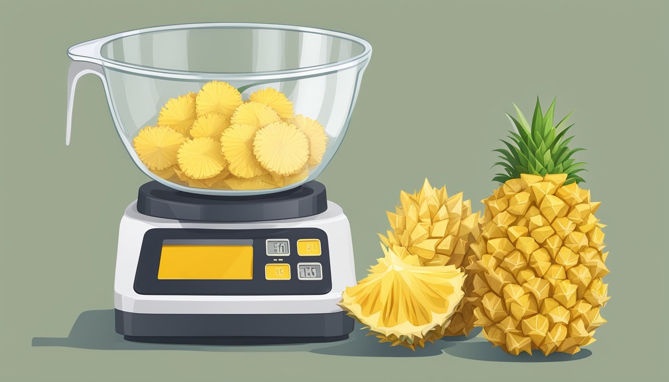 A measuring cup filled with dried pineapple next to a digital scale showing one pound