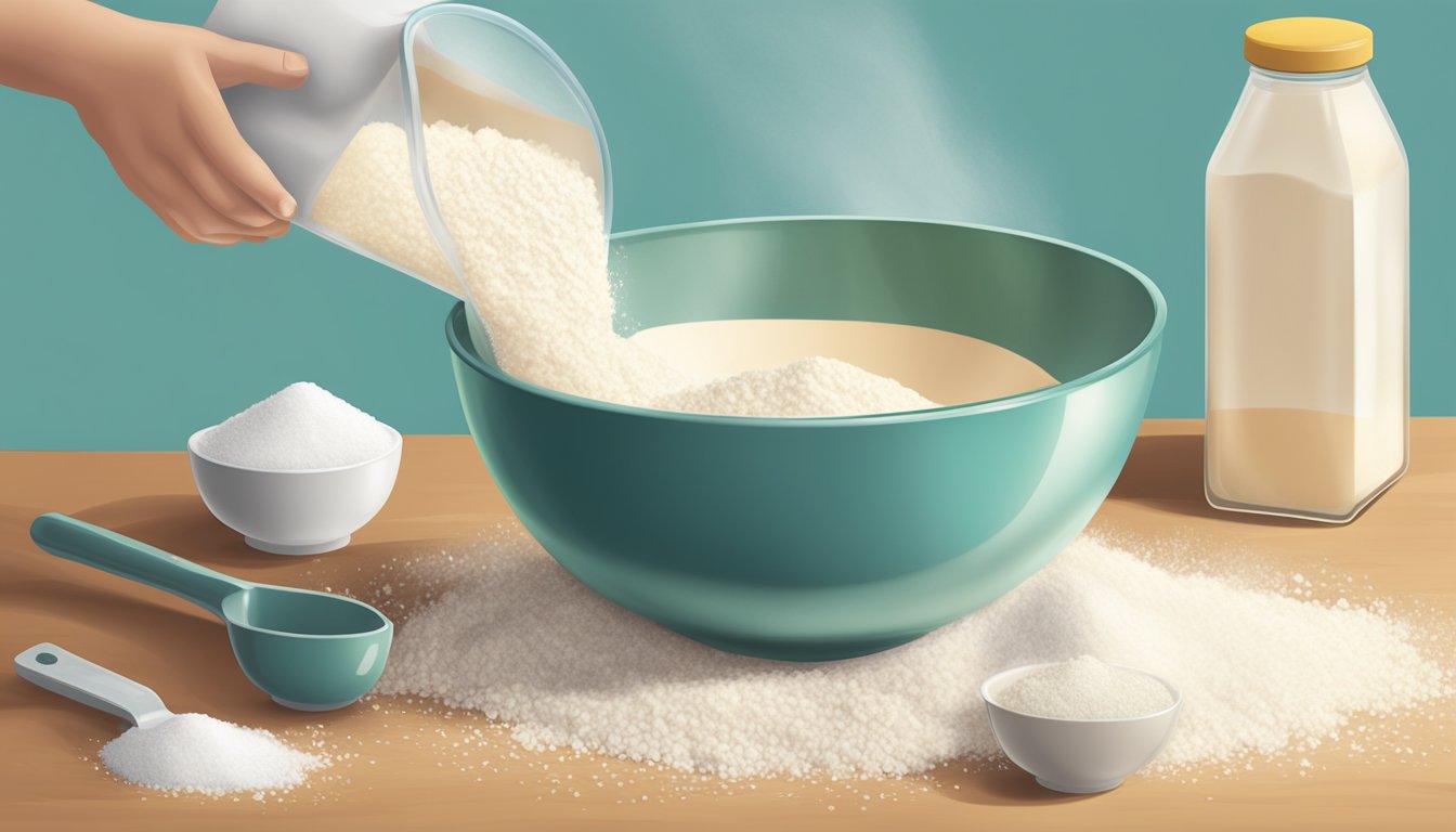 A hand pouring flour from a measuring cup into a mixing bowl, with a bag of sugar and a carton of milk nearby