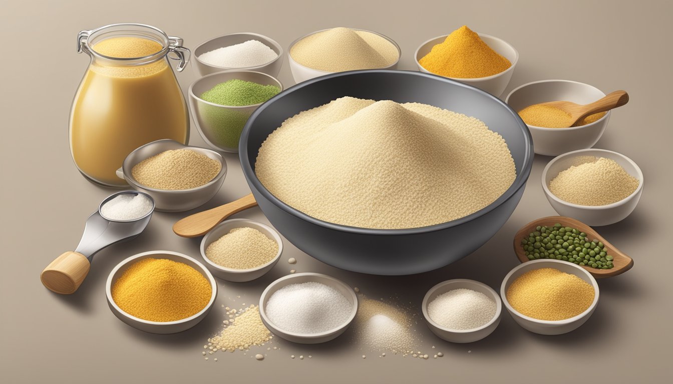 A pound of soy flour pouring into a measuring spoon, surrounded by various ingredients and kitchen utensils