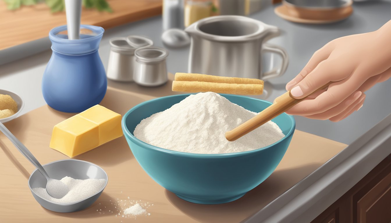 A hand reaching for a measuring cup of flour, with a bowl of sugar and a stick of butter on a kitchen counter