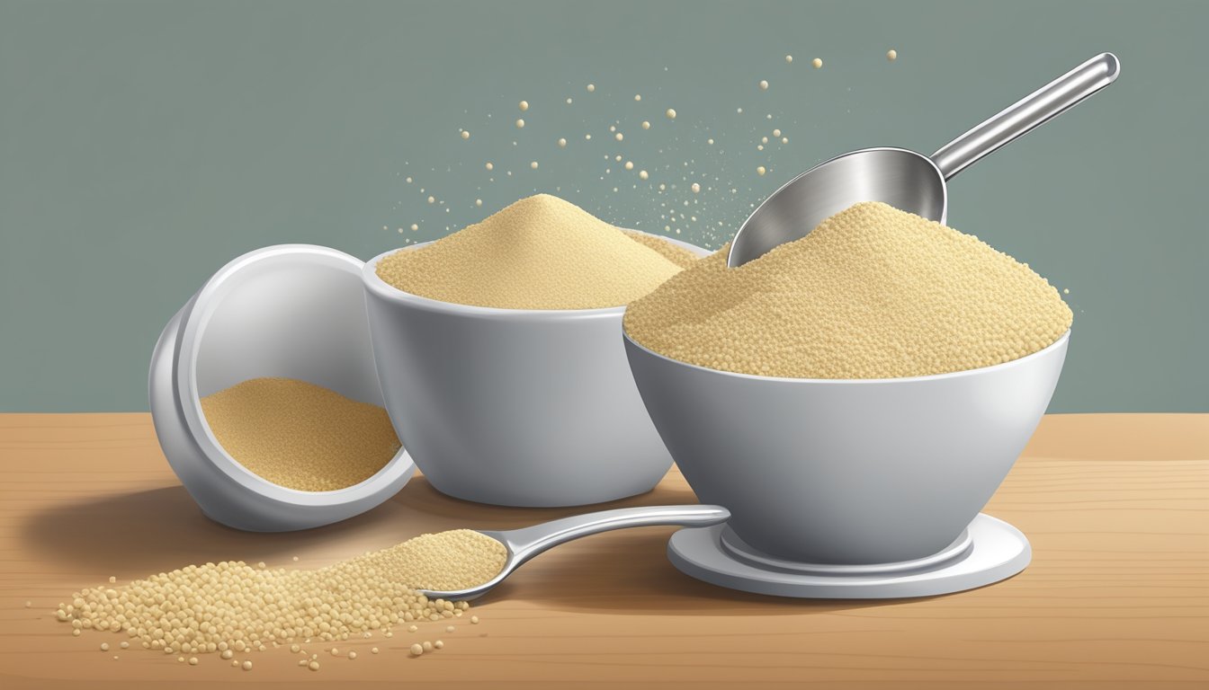 A pound of soy flour pouring into a measuring cup, with tablespoons lined up next to it for comparison