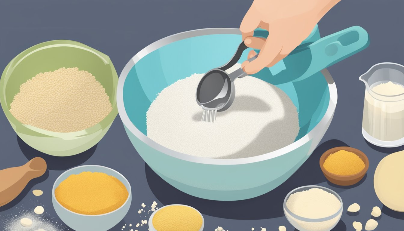 A hand pouring flour from a measuring cup into a mixing bowl, with a spoon and other ingredients nearby