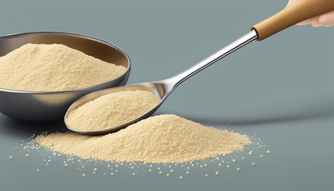 A pound of soy flour pouring into a measuring spoon, with additional tablespoons lined up next to it for comparison