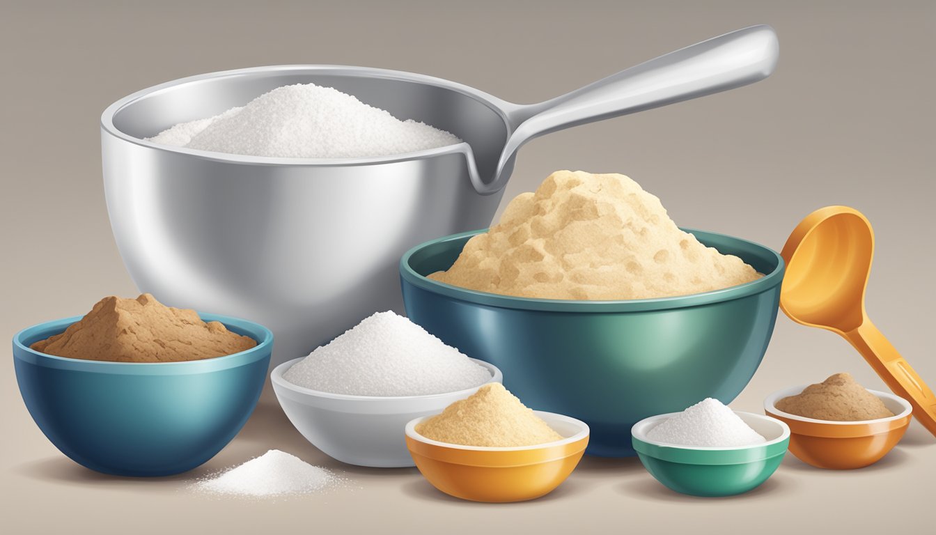 A set of measuring cups and spoons arranged neatly next to a bowl filled with flour, sugar, and other ingredients for a homemade cookie mix