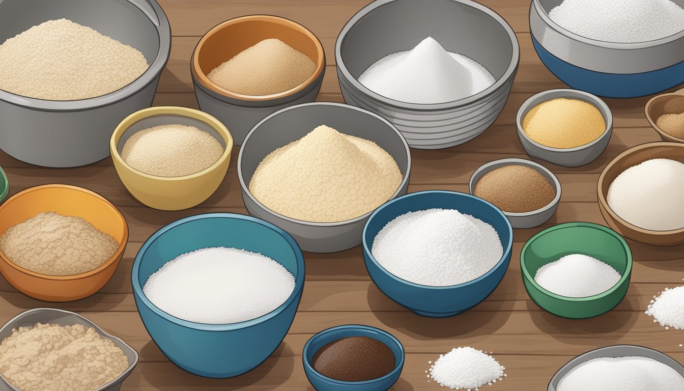 A set of measuring cups and spoons arranged neatly on a countertop next to bowls of flour, sugar, and other ingredients for making homemade cookie mix