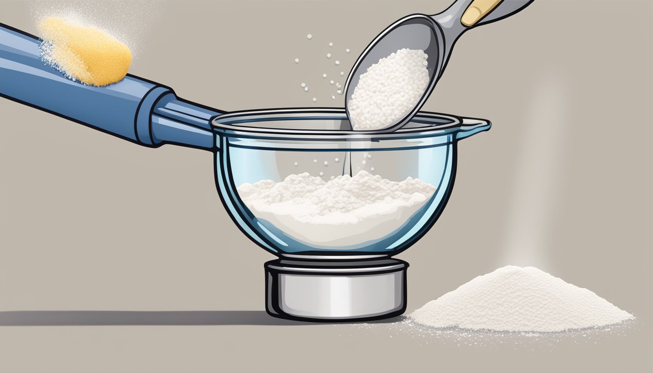 A hand-held measuring cup pours flour into a glass mixing bowl, while a spoon levels off the top. A measuring spoon adds baking powder and salt to the mix