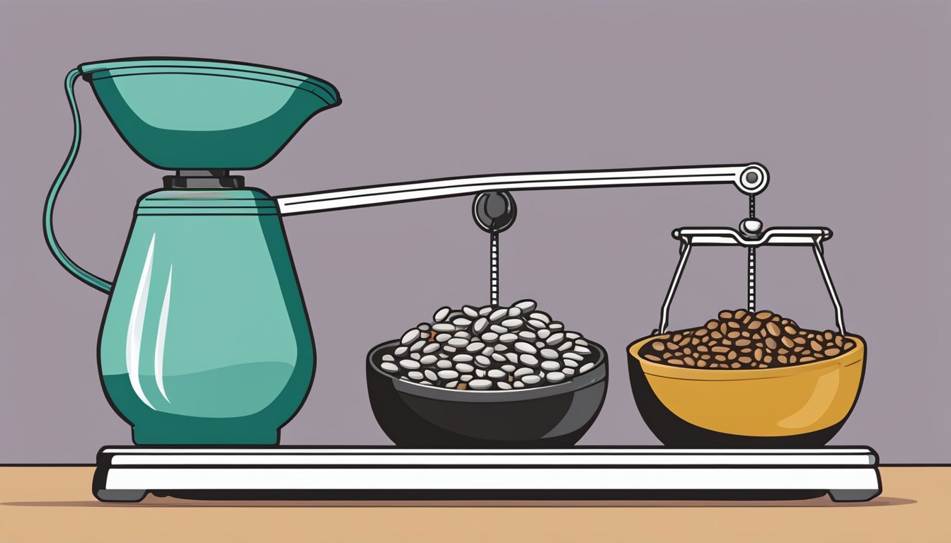 A measuring cup pouring dry beans into a scale, with the weight displayed as one pound