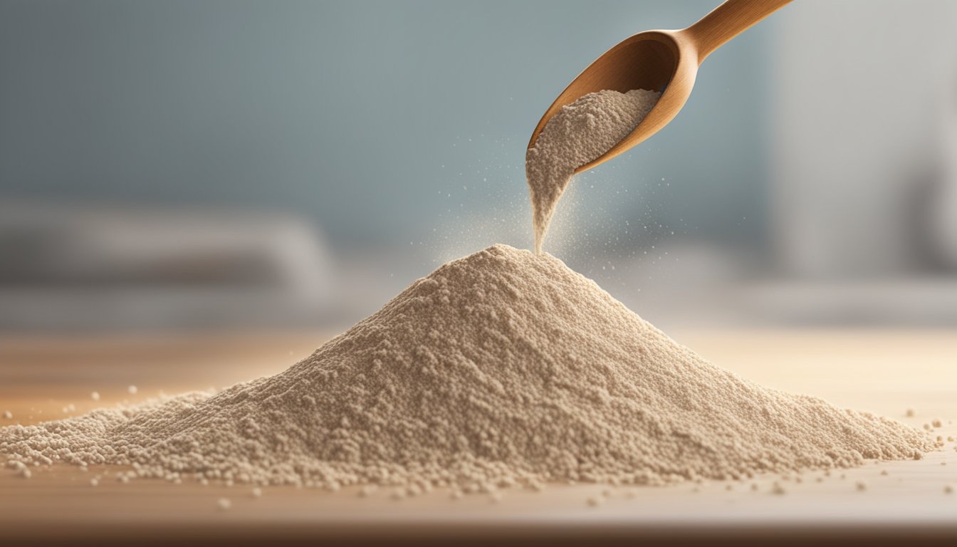 A pound of buckwheat flour pouring into a pile, with a measuring spoon nearby